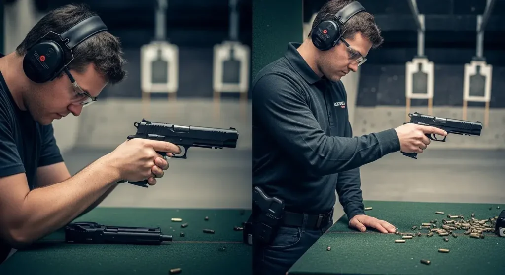 A man in shooting range attire, wearing ear protection and glasses, inspects a handgun on a green table