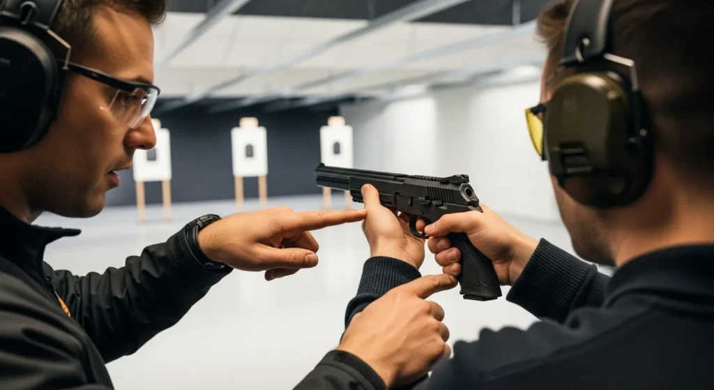 Instructor teaching proper trigger discipline, finger off trigger, gun pointed downrange.