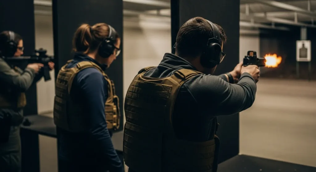 Team members doing firearms training at Suburban Protector
