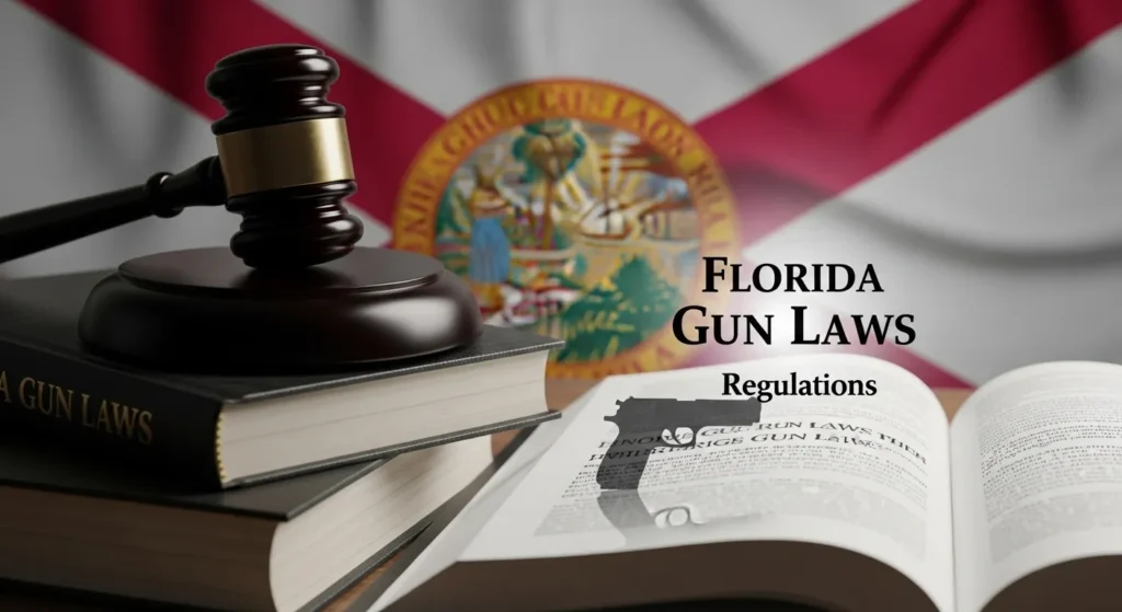 A gavel rests on law books labeled "Gun Laws" with the Florida state flag in the background.