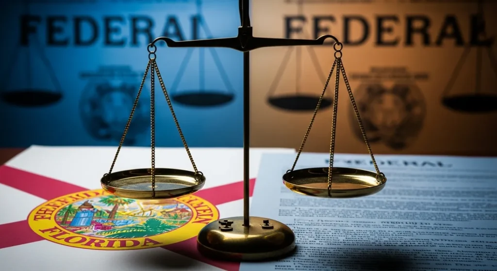 A balance scale is centered over a Florida state seal, with documents labeled "Federal" in the background.