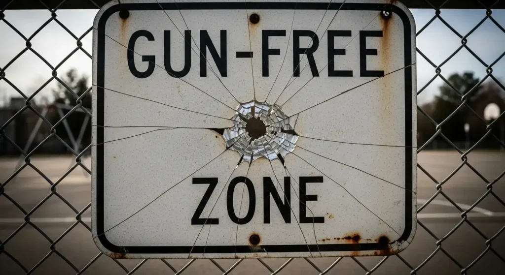 A metal sign reading "Gun-Free Zone" is shot through, with cracks radiating from the bullet hole.