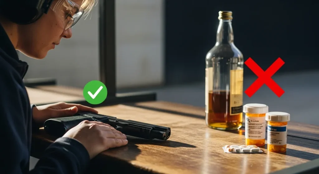 A person with safety goggles holds a handgun on a table with a green check. Nearby, alcohol and pills are marked with a red X, indicating disapproval.