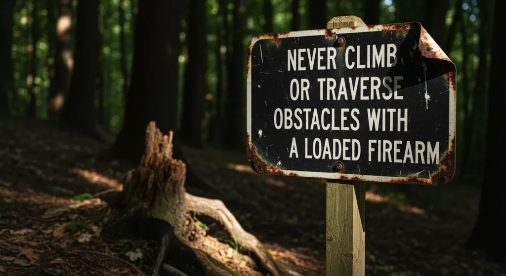 A rusty sign in a forest reads, "Never climb or traverse obstacles with a loaded firearm."