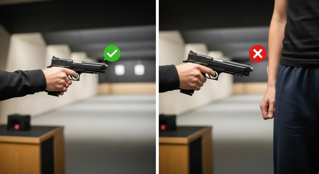 Image split in two: left shows a hand aiming a pistol with a green check mark, right shows a hand pointing a pistol down with a red X