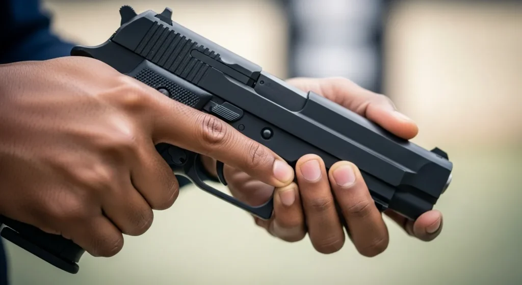 A person’s hands securely grip a black handgun, finger off the trigger. 