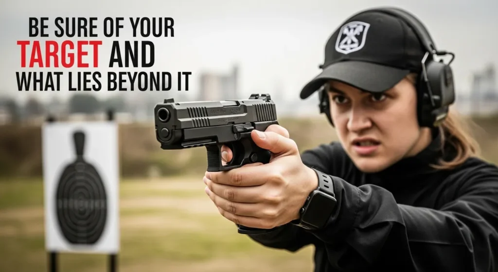 A focused person aims a handgun at a target during outdoor shooting practice.