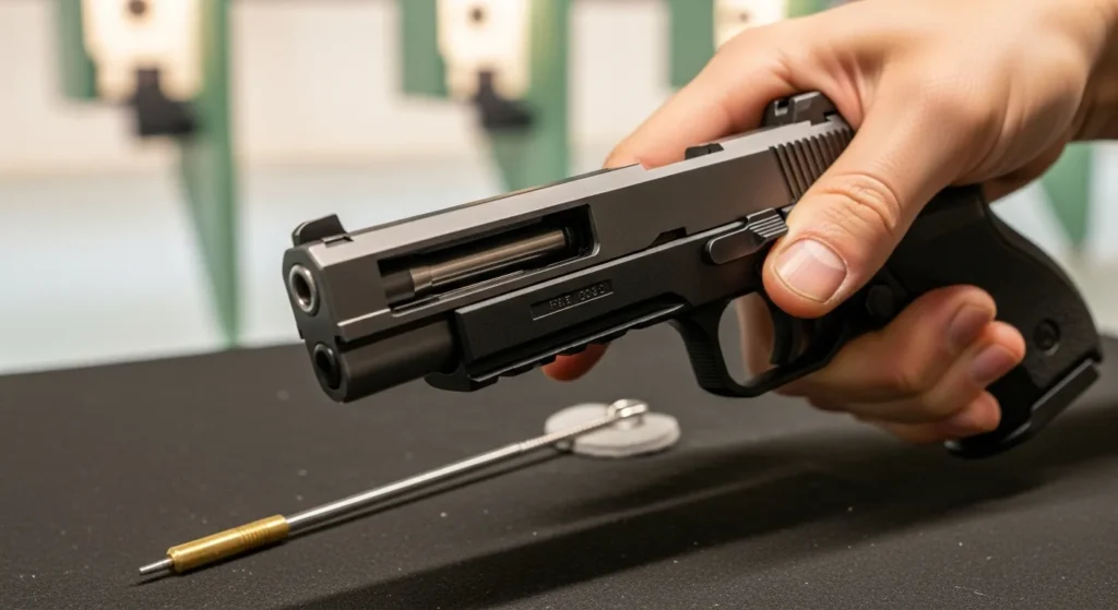 A person holds a semi-automatic handgun with a cleaning rod lying nearby on a black surface.