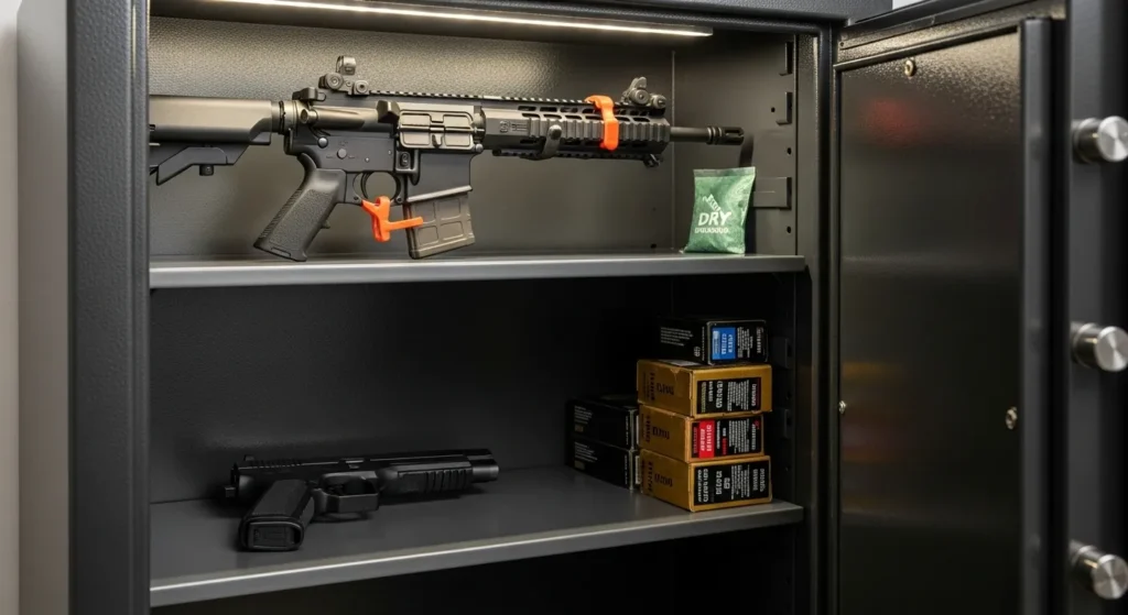 A metal gun safe interior with a rifle secured on the top shelf, a handgun on the middle shelf, and ammunition boxes neatly stacked on the bottom.
