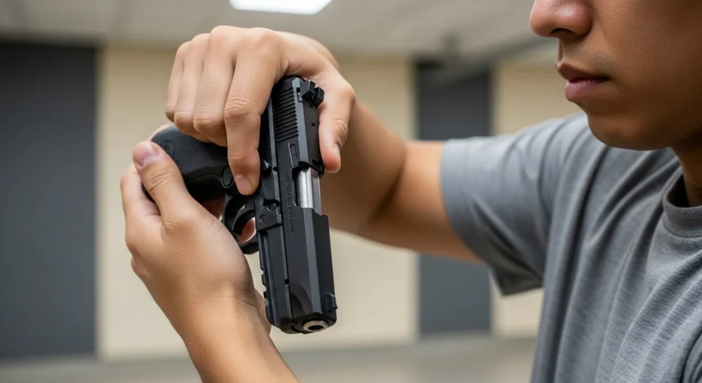 A person in a gray shirt carefully inspects a black handgun, focusing intently. 