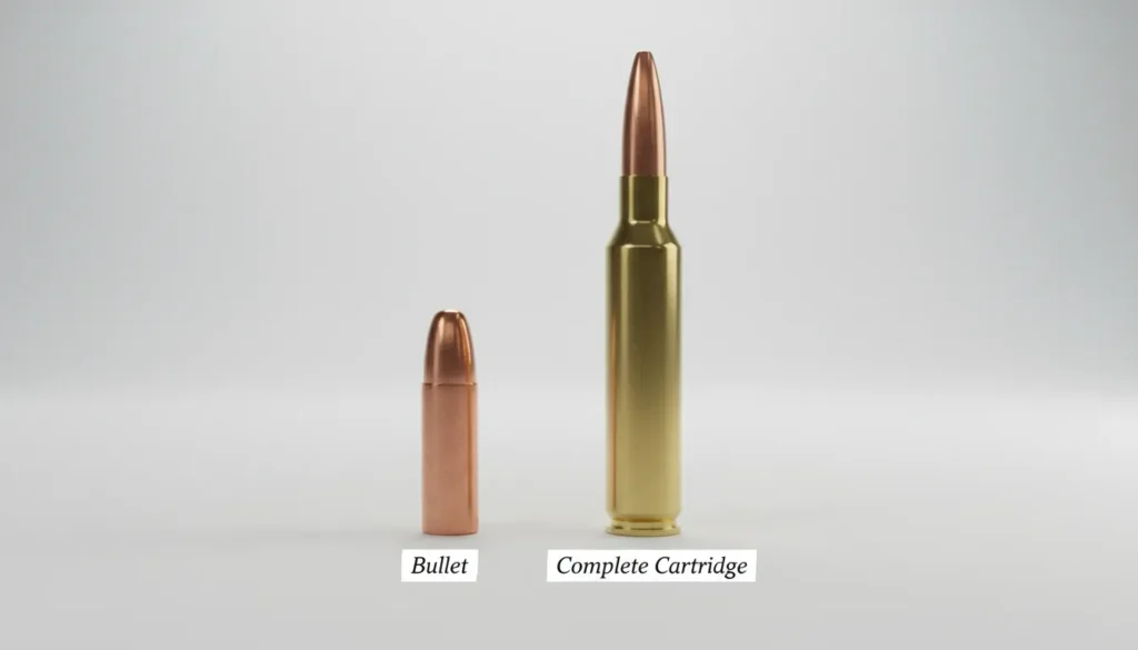 a copper bullet on the left and a brass complete cartridge on the right.